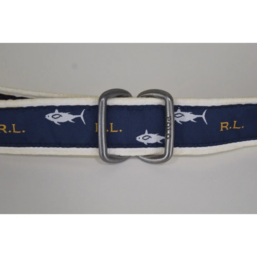 Ralph Lauren Polo Youth Belt Sharks Fish Bones Ribbon Double D Ring 33